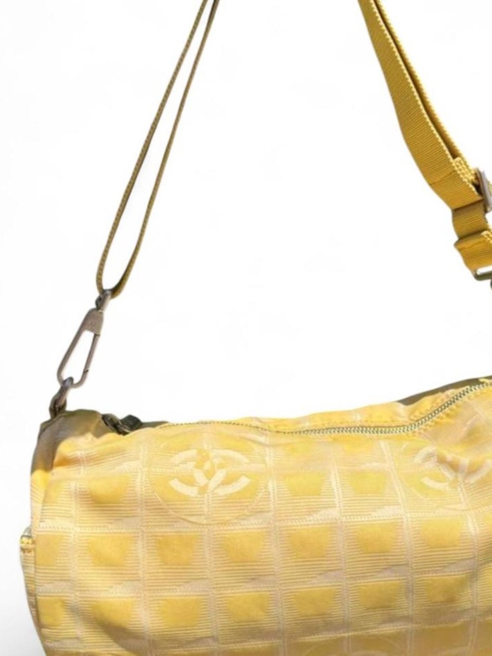 Vintage Chanel Travel Barrel Bag Yellow Nylon w/ Silver Hardware + COA